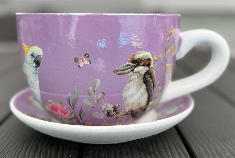 Native Flora & Fauna Cup and Saucer Planter - 19cm Native Bird Designs Planter The Sweet Giftorium Purple