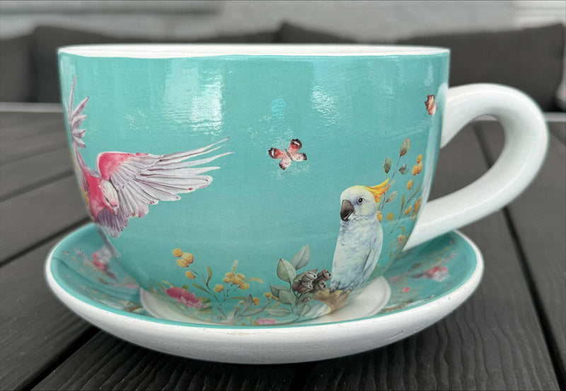 Native Flora & Fauna Cup and Saucer Planter - 19cm Native Bird Designs Planter The Sweet Giftorium Teal